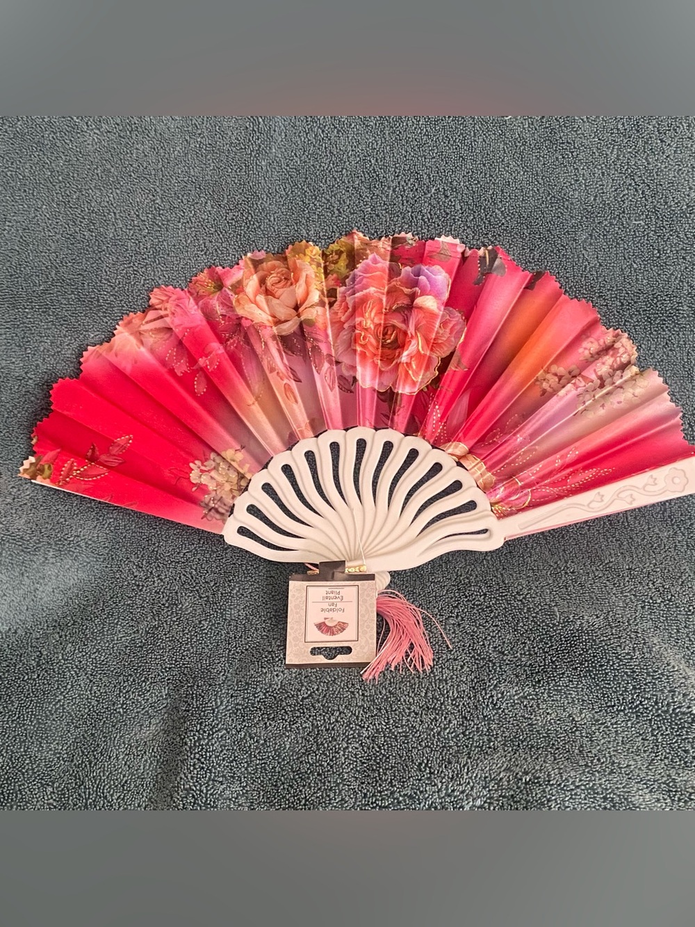New Folding Hand Fan Pink Floral Print Wht Plastic Handle Nylon Blades 15”W 9”H